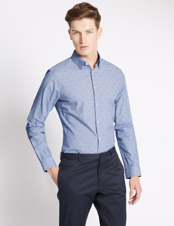 Pure Cotton Dobby Spotted Slim Fit Shirt
